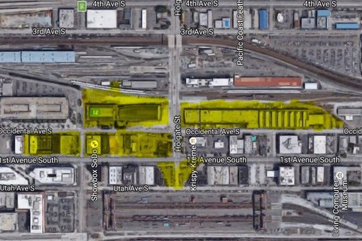 Chris Hansen's SODO land. The new parcel is the large yellow block to the right of S. Holgate St.
